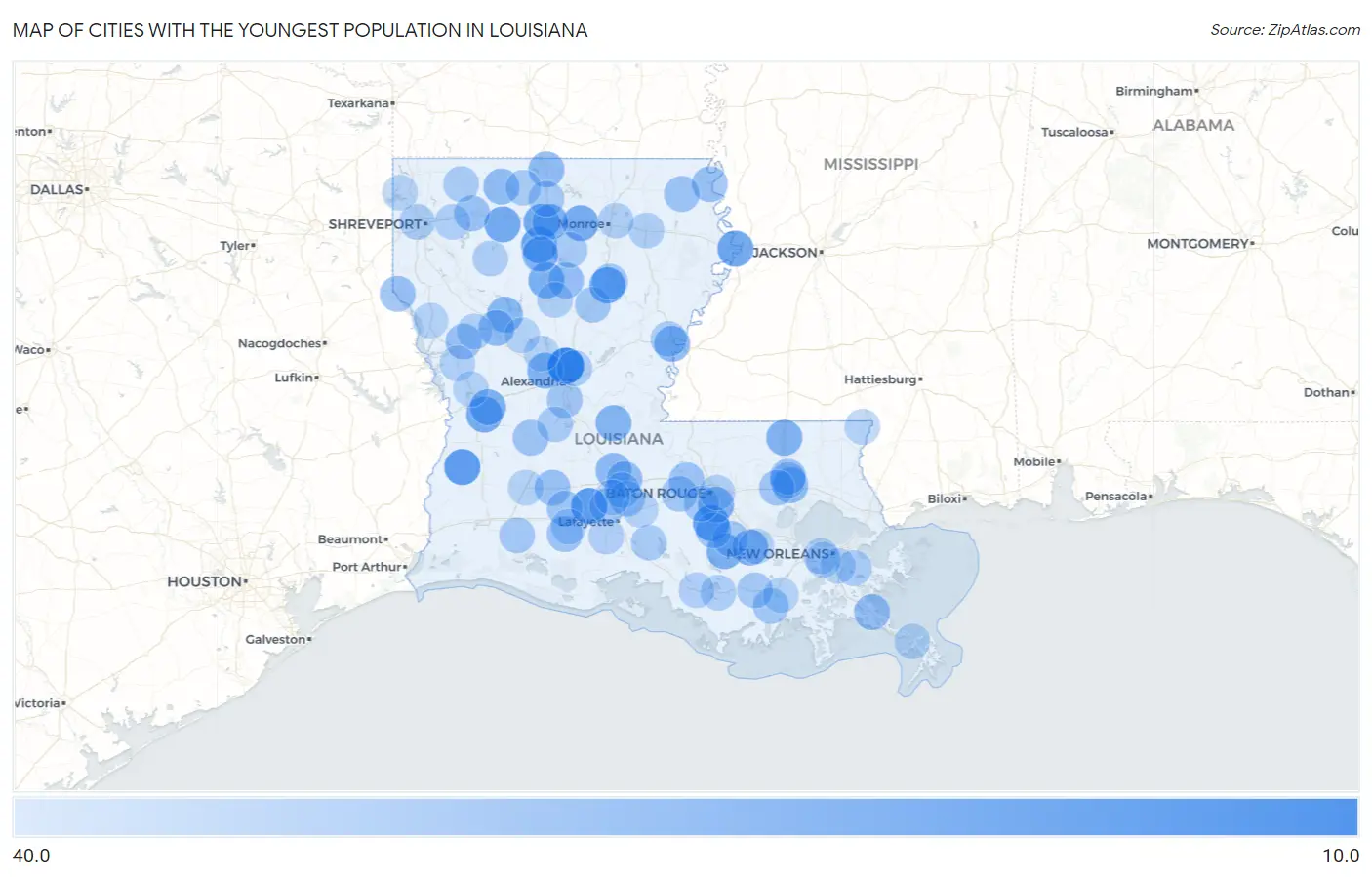 Cities with the Youngest Population in Louisiana Map