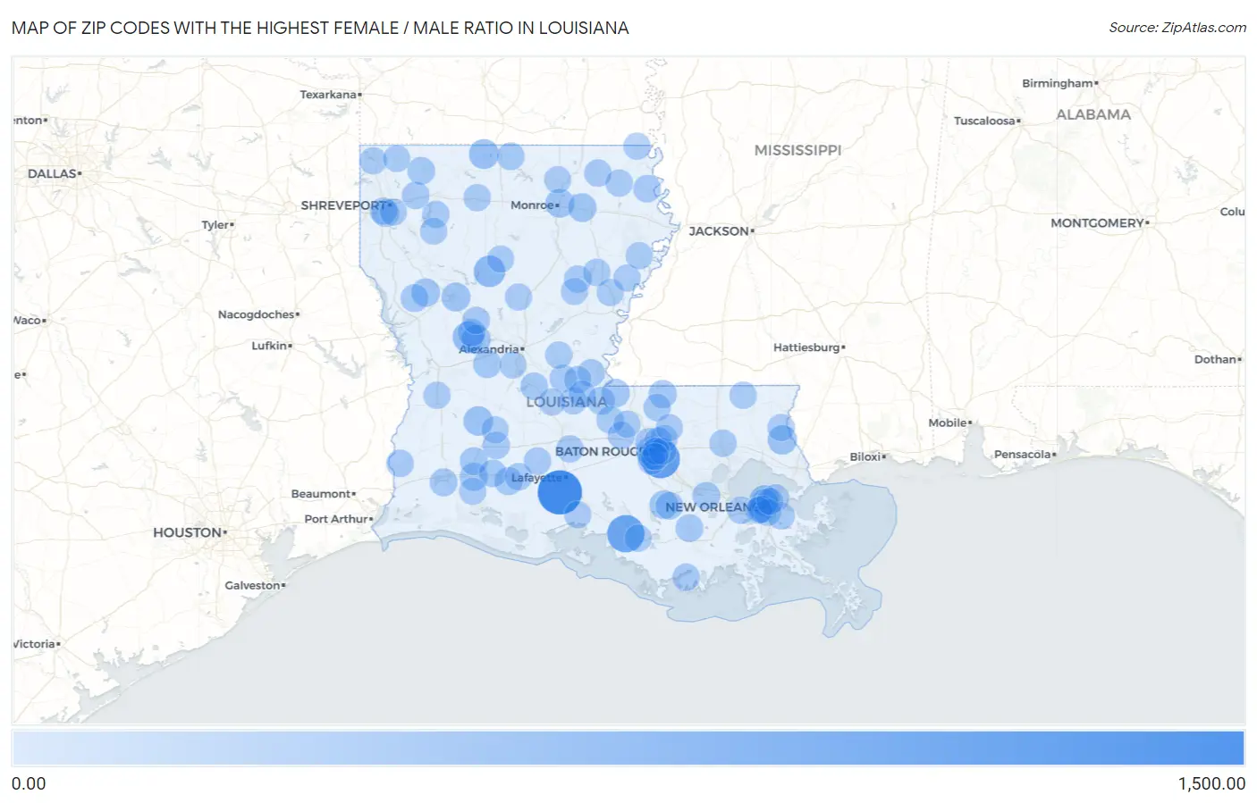 Zip Codes with the Highest Female / Male Ratio in Louisiana Map
