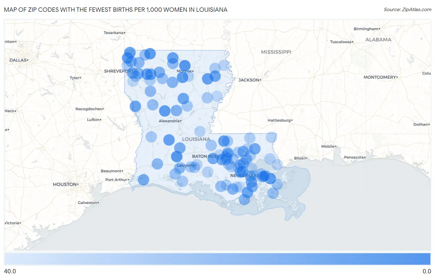 Zip Codes with the Fewest Births per 1,000 Women in Louisiana Map