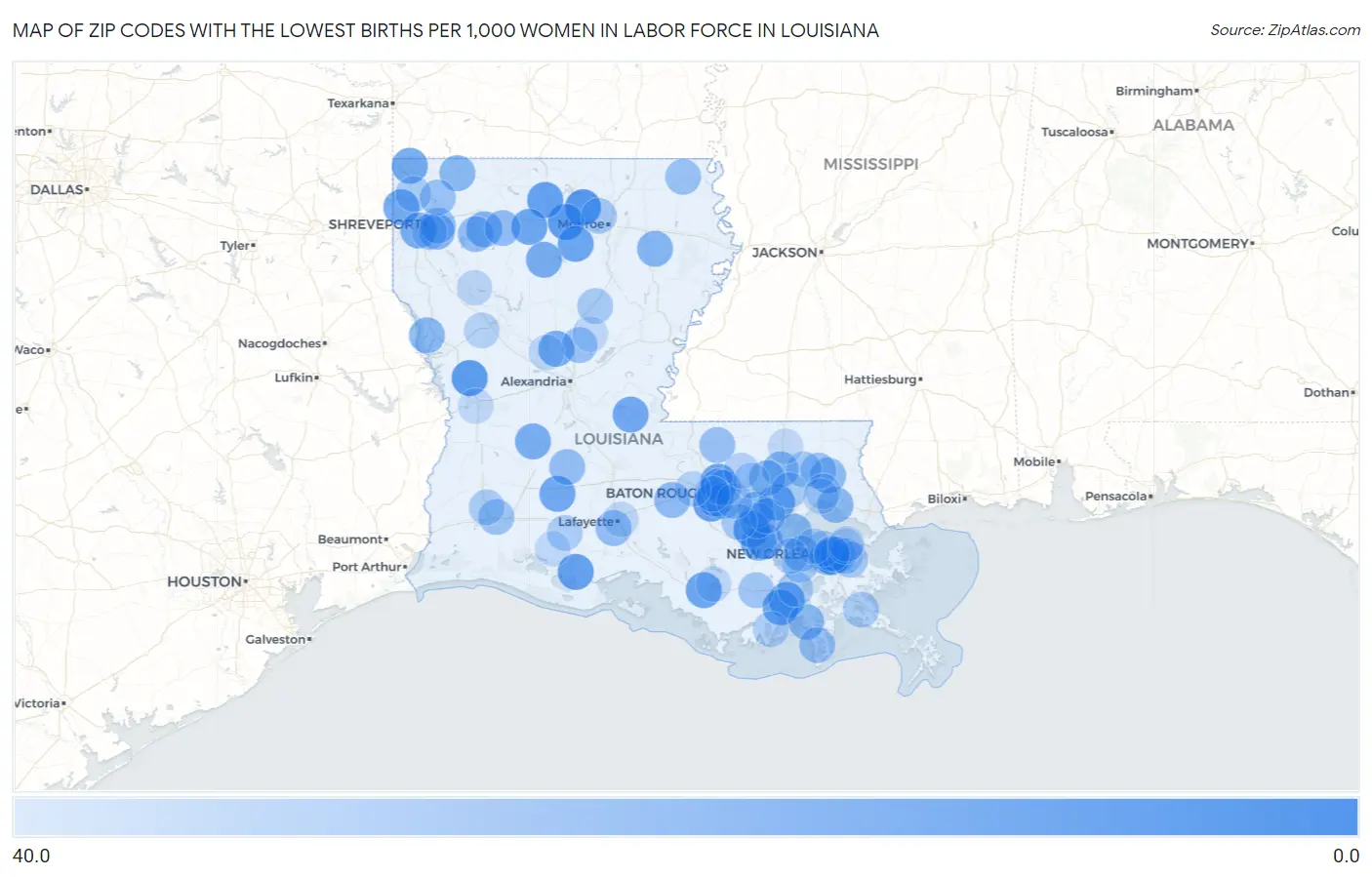 Zip Codes with the Lowest Births per 1,000 Women in Labor Force in Louisiana Map