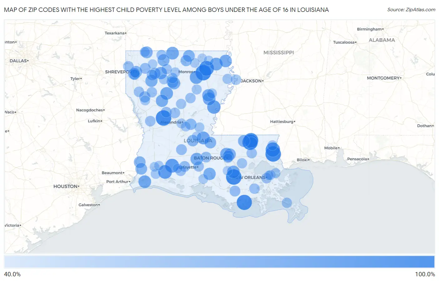 Zip Codes with the Highest Child Poverty Level Among Boys Under the Age of 16 in Louisiana Map