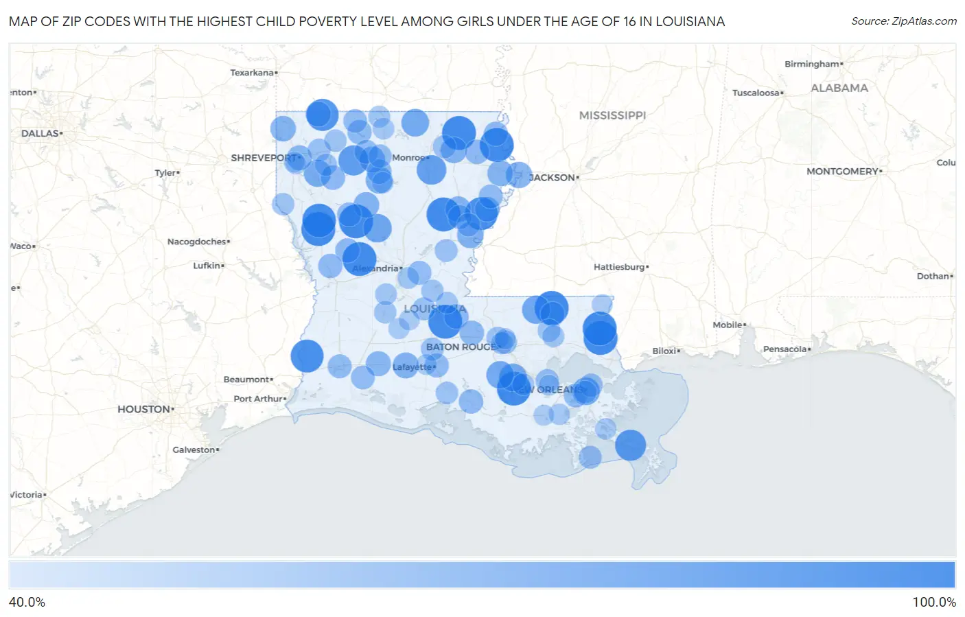 Zip Codes with the Highest Child Poverty Level Among Girls Under the Age of 16 in Louisiana Map