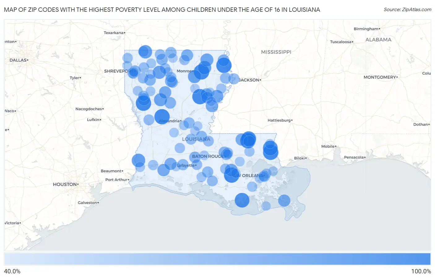 Zip Codes with the Highest Poverty Level Among Children Under the Age of 16 in Louisiana Map