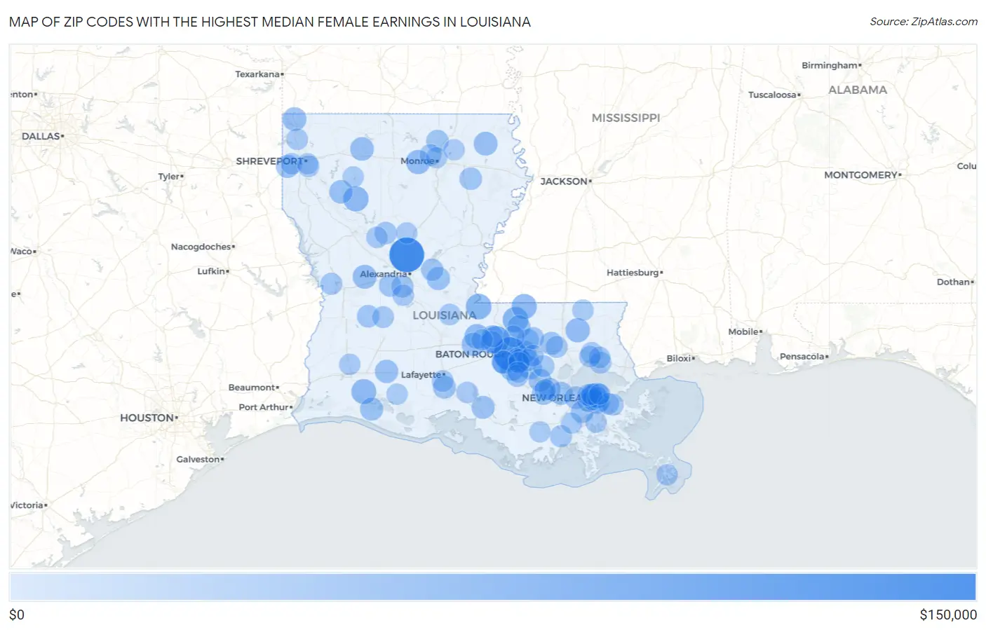 Zip Codes with the Highest Median Female Earnings in Louisiana Map