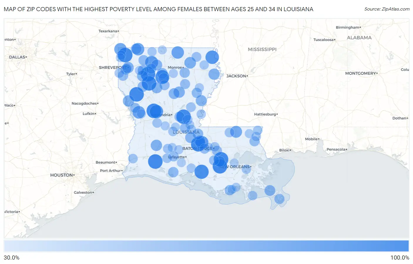 Zip Codes with the Highest Poverty Level Among Females Between Ages 25 and 34 in Louisiana Map