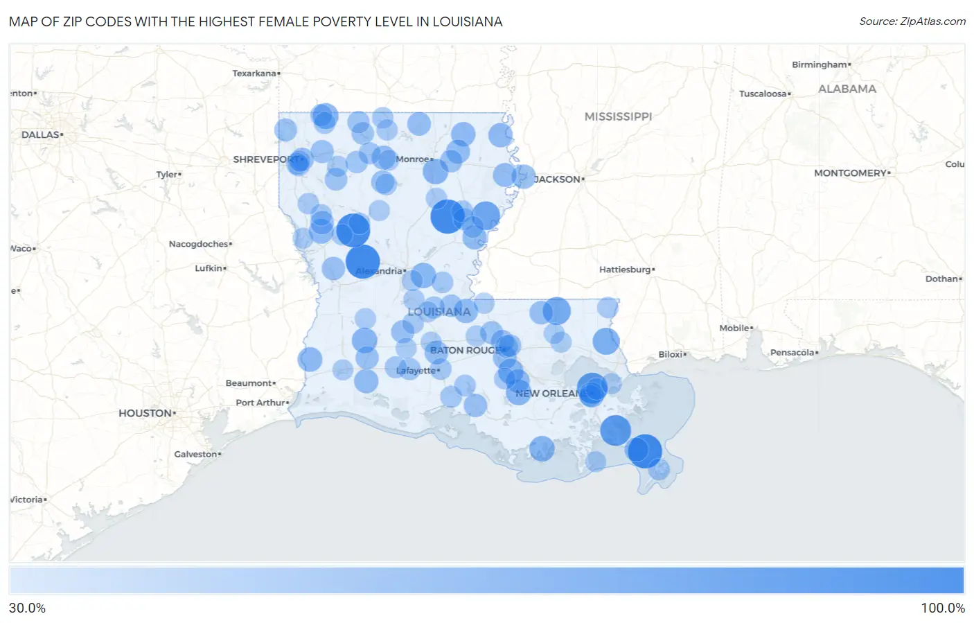 Zip Codes with the Highest Female Poverty Level in Louisiana Map