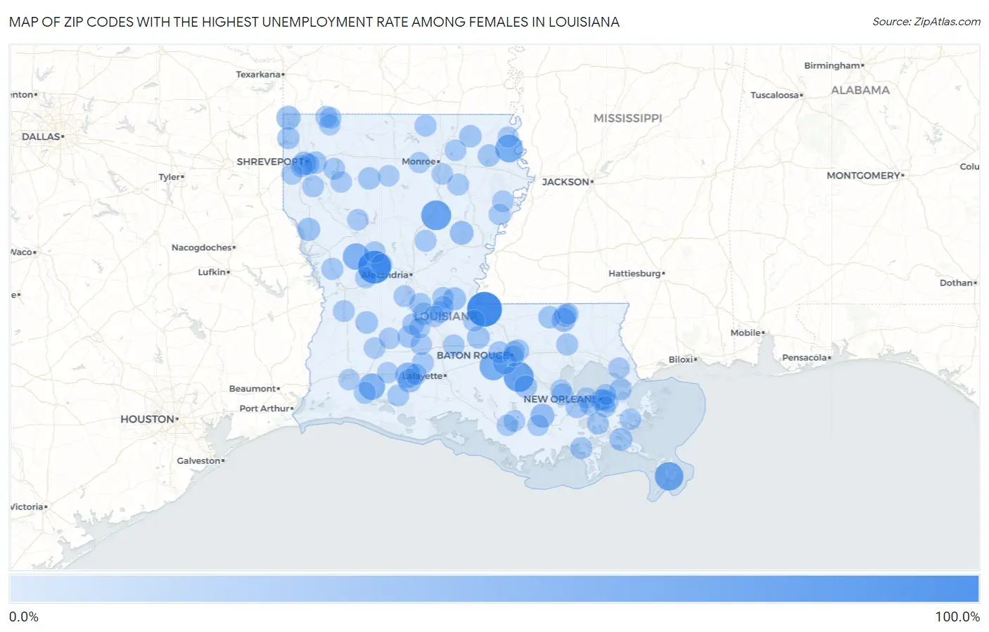 Zip Codes with the Highest Unemployment Rate Among Females in Louisiana Map