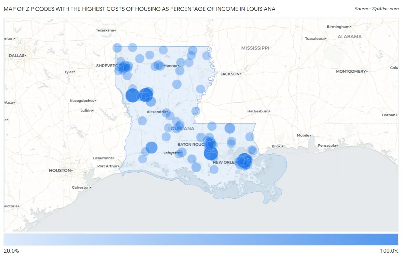 Zip Codes with the Highest Costs of Housing as Percentage of Income in Louisiana Map