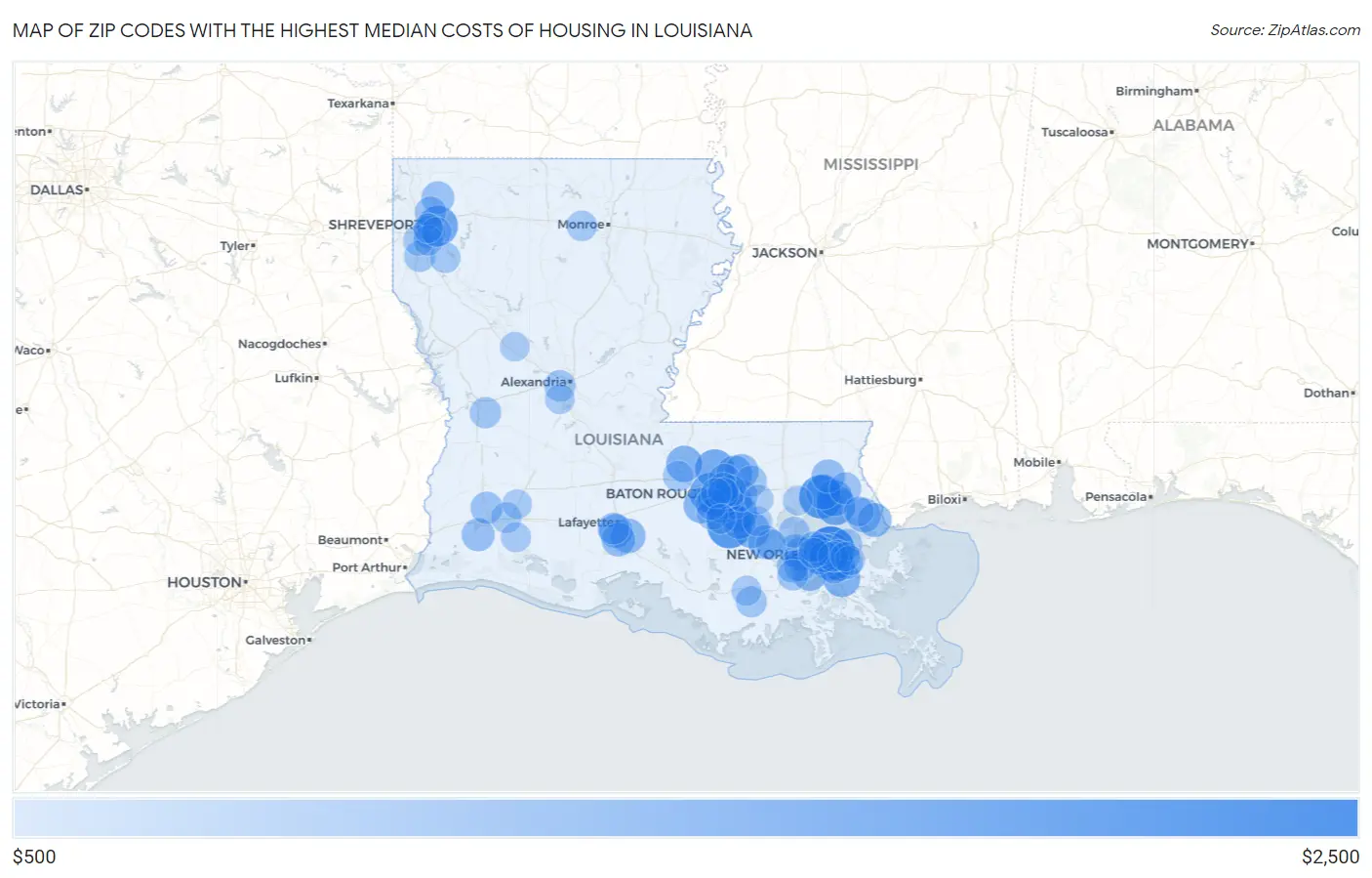 Zip Codes with the Highest Median Costs of Housing in Louisiana Map