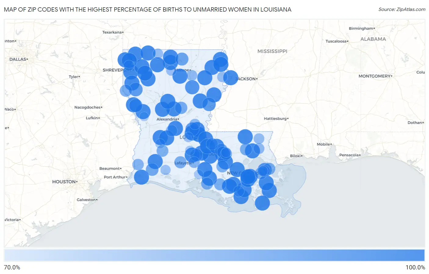 Zip Codes with the Highest Percentage of Births to Unmarried Women in Louisiana Map