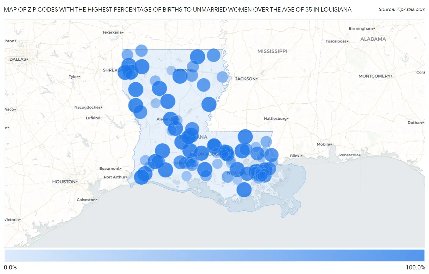 Zip Codes with the Highest Percentage of Births to Unmarried Women over the Age of 35 in Louisiana Map