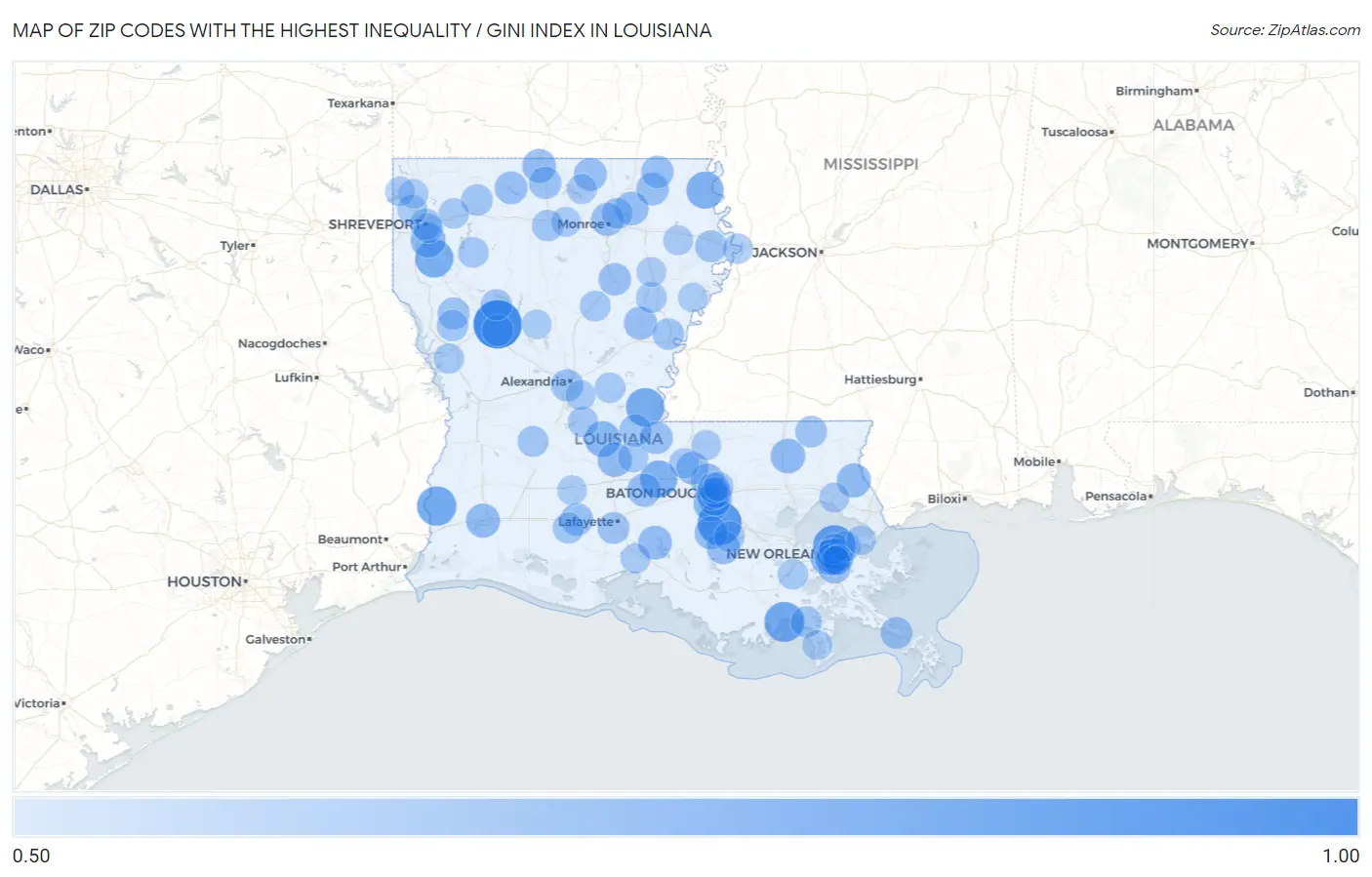 Zip Codes with the Highest Inequality / Gini Index in Louisiana Map
