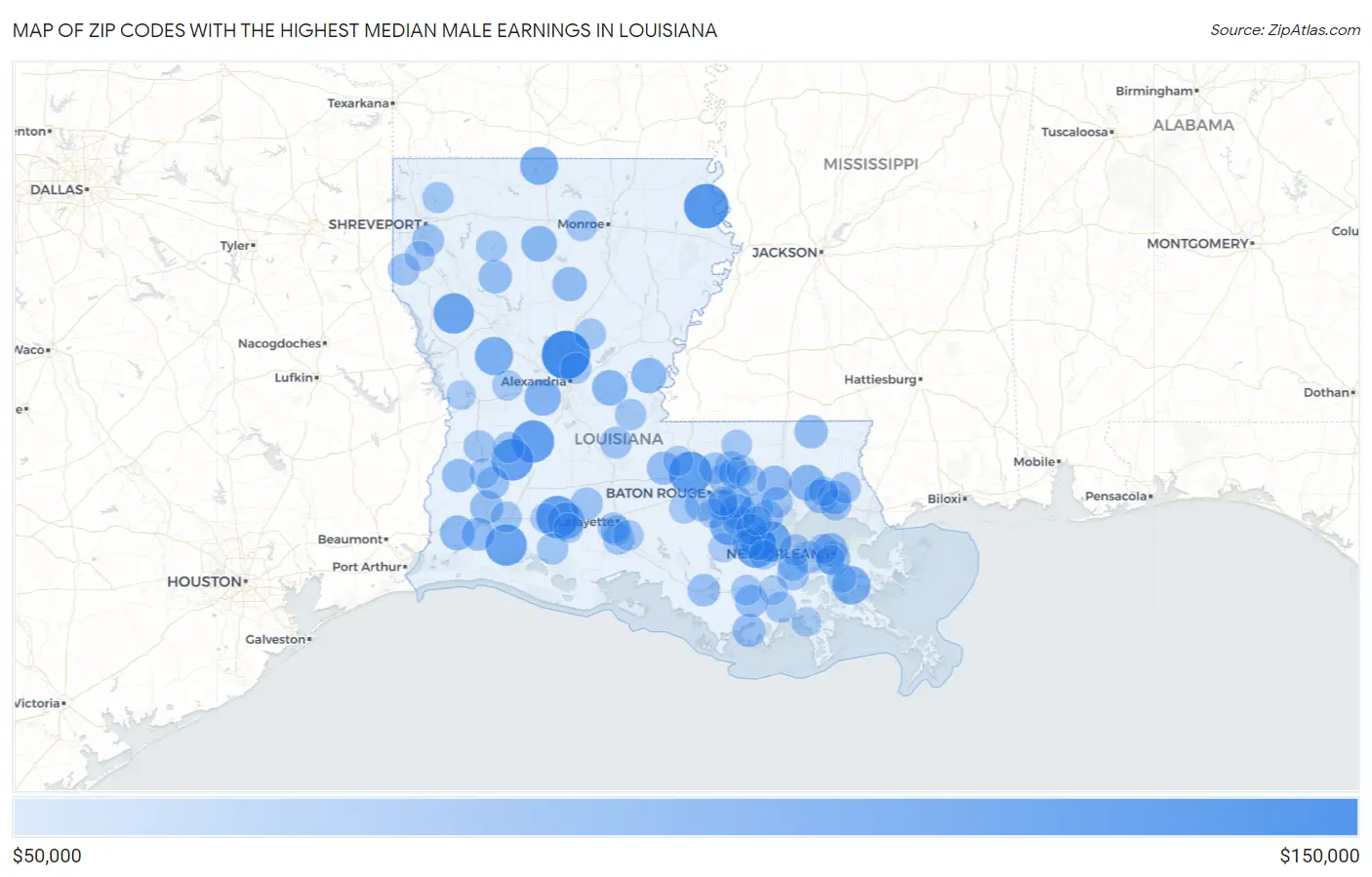 Zip Codes with the Highest Median Male Earnings in Louisiana Map
