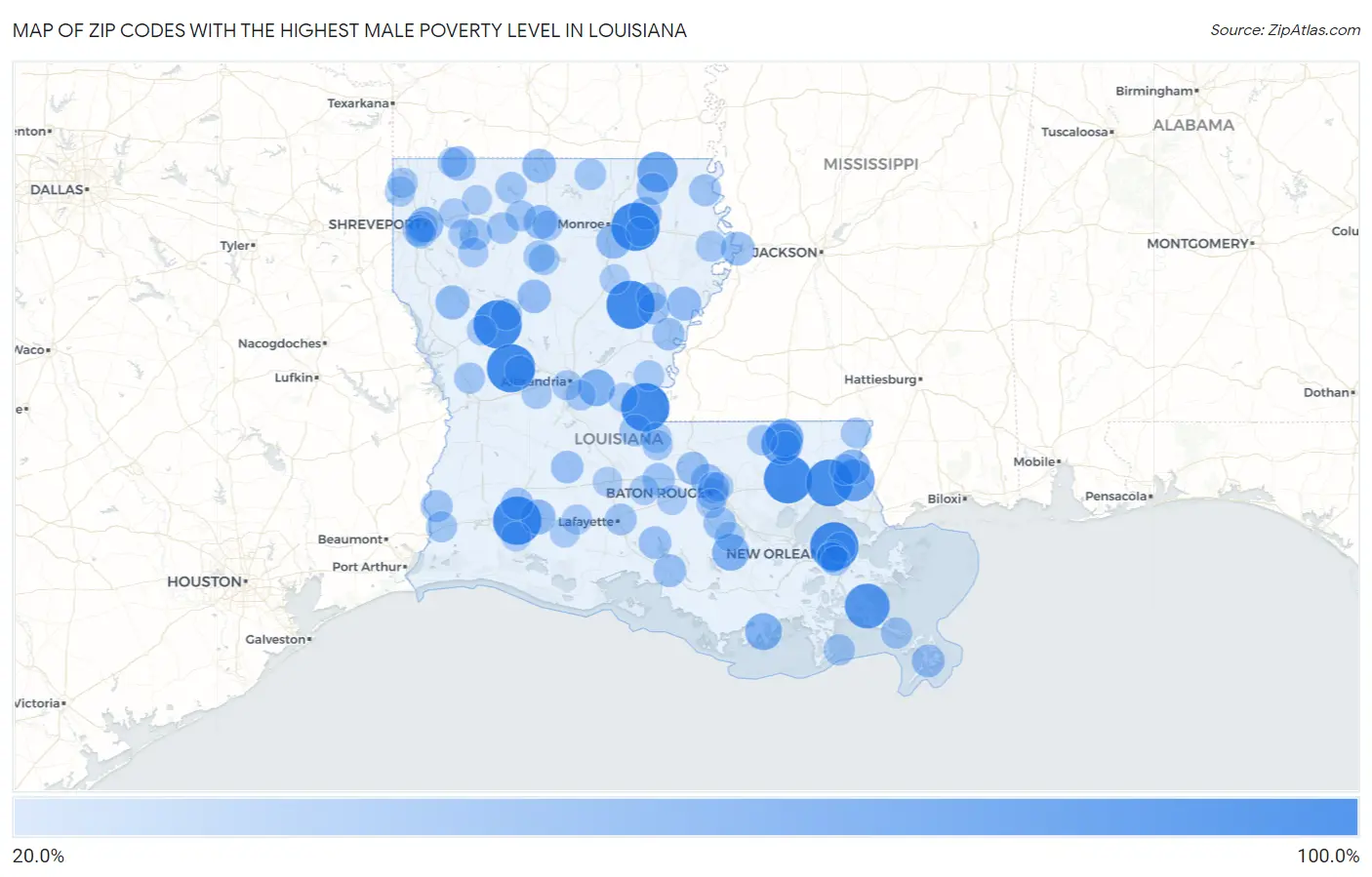 Zip Codes with the Highest Male Poverty Level in Louisiana Map