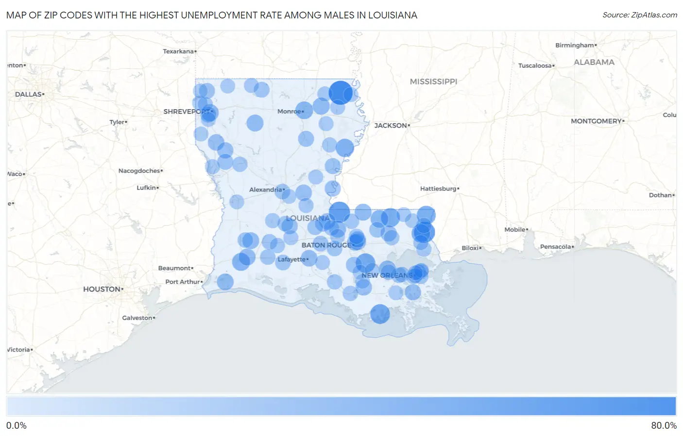 Zip Codes with the Highest Unemployment Rate Among Males in Louisiana Map