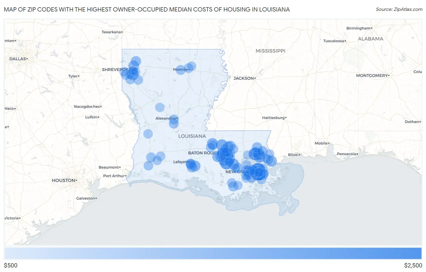 Zip Codes with the Highest Owner-Occupied Median Costs of Housing in Louisiana Map