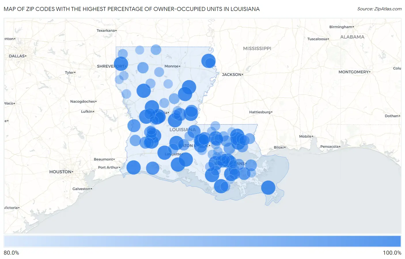 Zip Codes with the Highest Percentage of Owner-Occupied Units in Louisiana Map