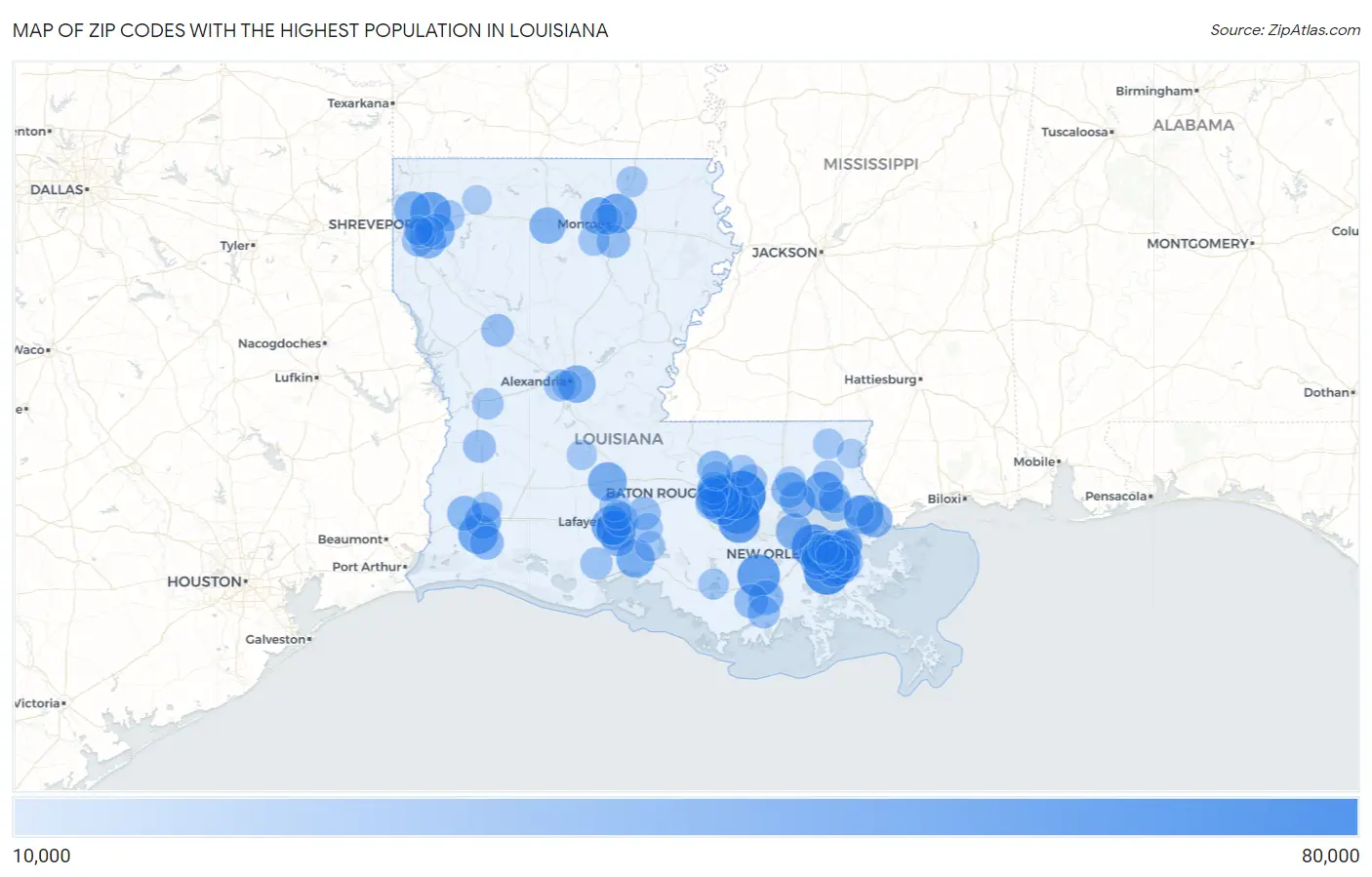 Zip Codes with the Highest Population in Louisiana Map