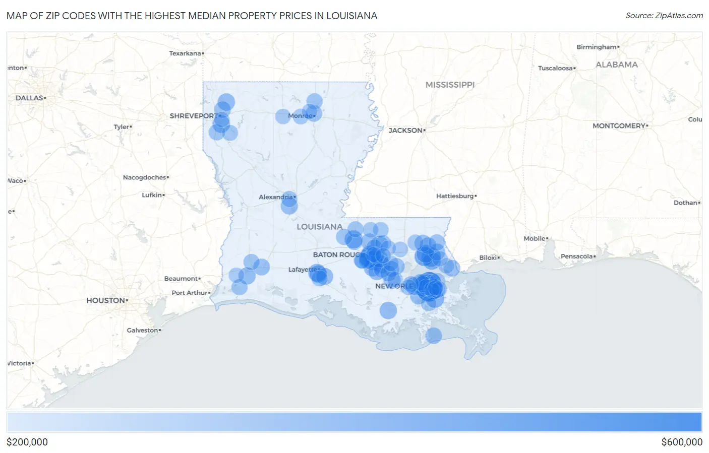 Zip Codes with the Highest Median Property Prices in Louisiana Map