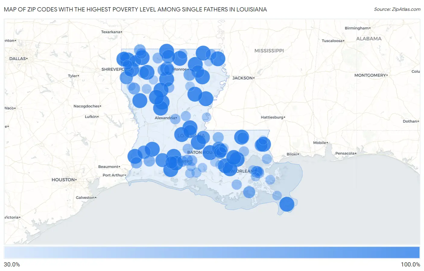 Zip Codes with the Highest Poverty Level Among Single Fathers in Louisiana Map