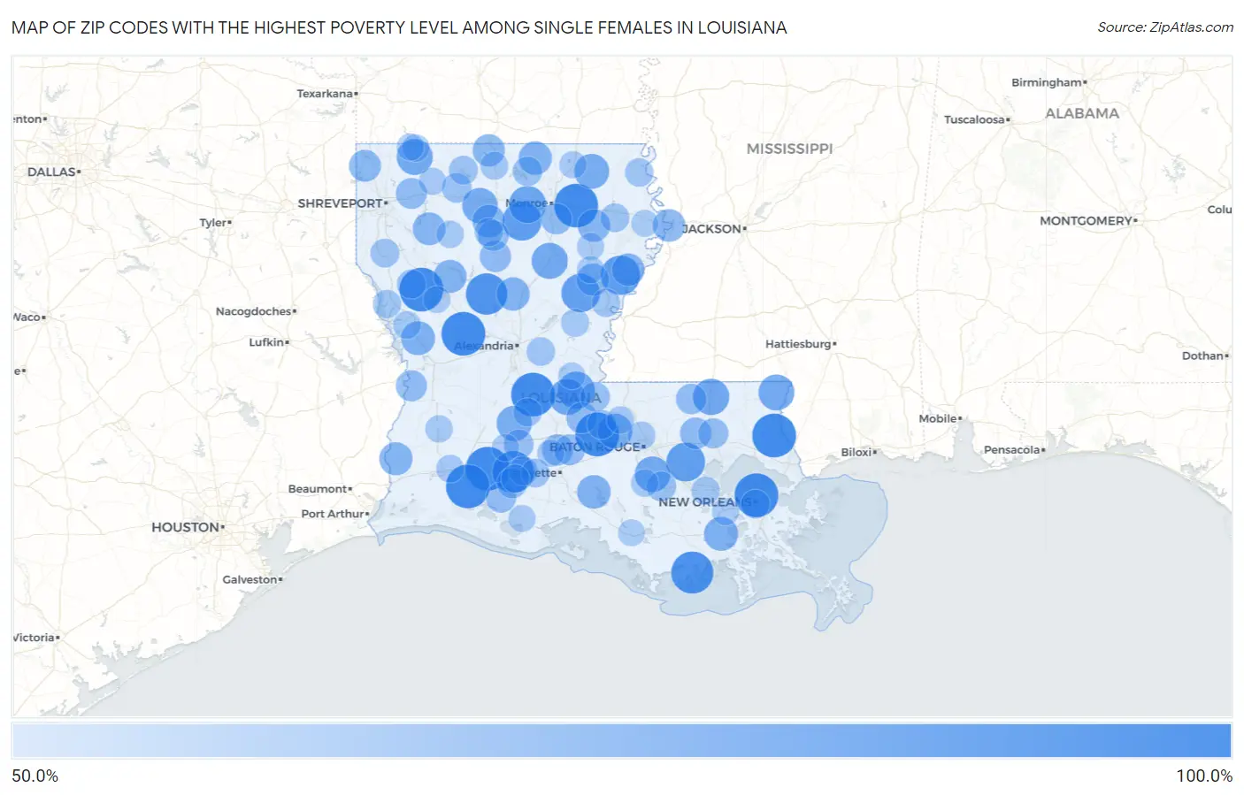 Zip Codes with the Highest Poverty Level Among Single Females in Louisiana Map