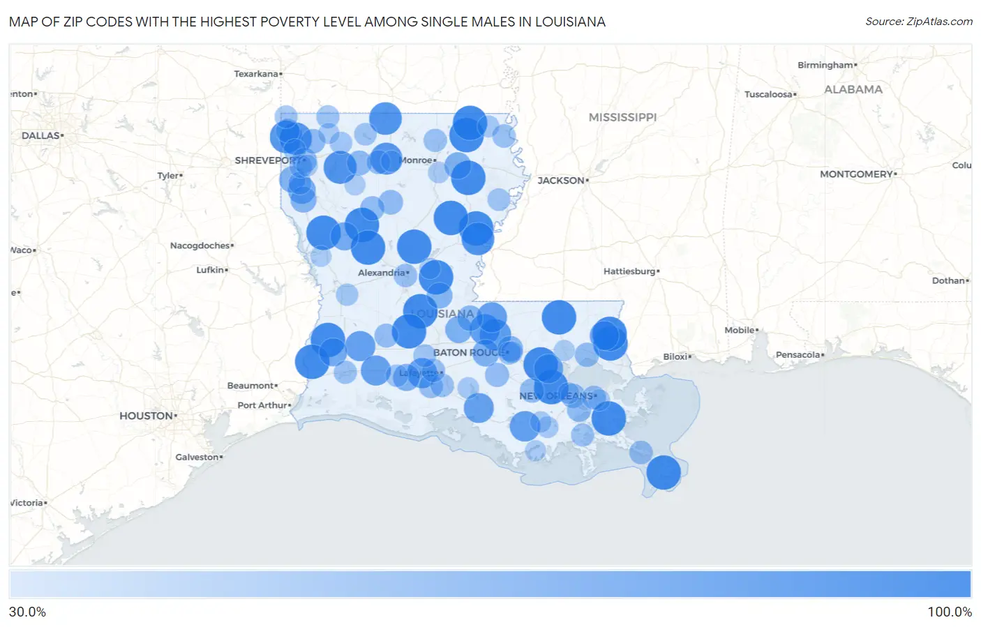 Zip Codes with the Highest Poverty Level Among Single Males in Louisiana Map