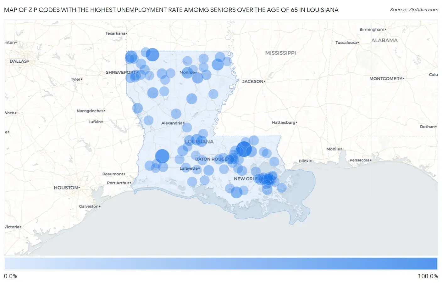 Zip Codes with the Highest Unemployment Rate Amomg Seniors Over the Age of 65 in Louisiana Map