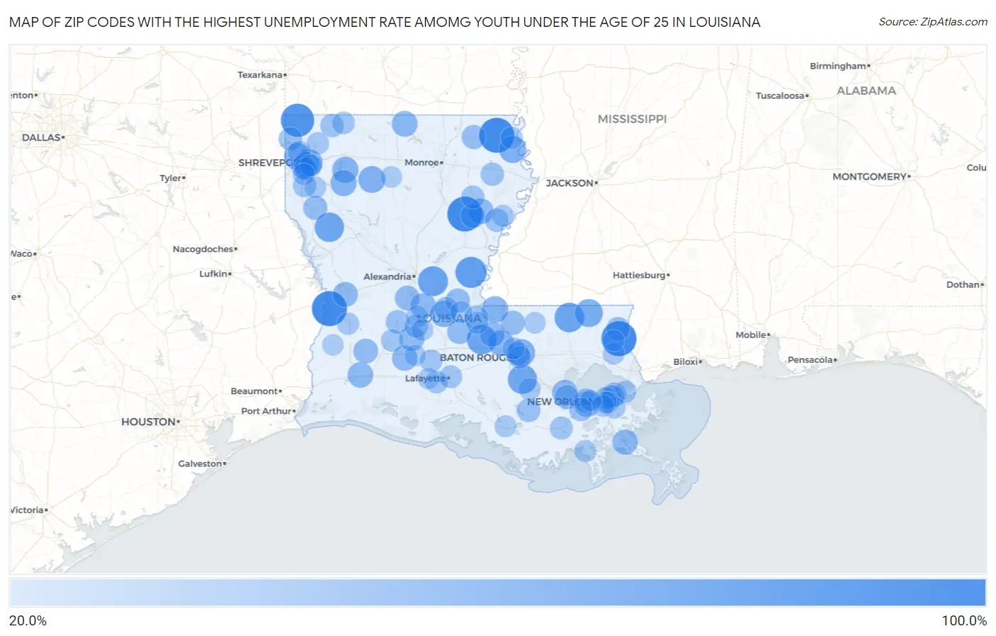 Zip Codes with the Highest Unemployment Rate Amomg Youth Under the Age of 25 in Louisiana Map