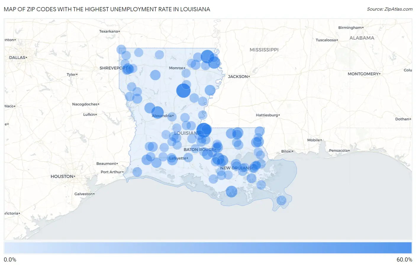 Zip Codes with the Highest Unemployment Rate in Louisiana Map