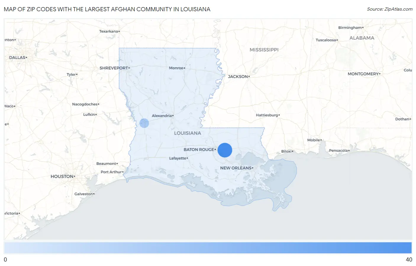 Zip Codes with the Largest Afghan Community in Louisiana Map
