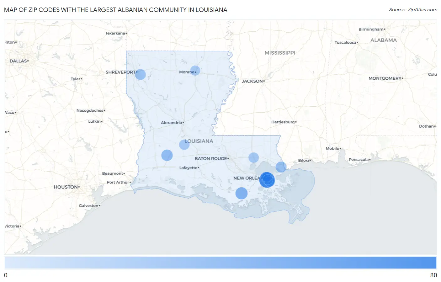 Zip Codes with the Largest Albanian Community in Louisiana Map