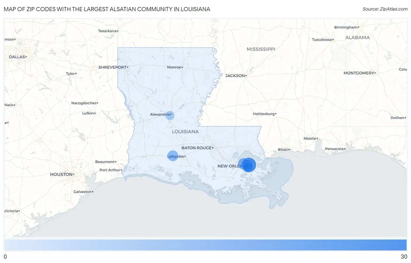 Zip Codes with the Largest Alsatian Community in Louisiana Map