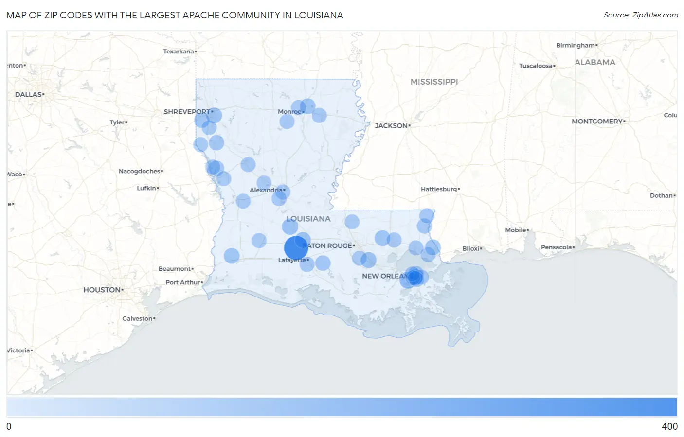 Zip Codes with the Largest Apache Community in Louisiana Map