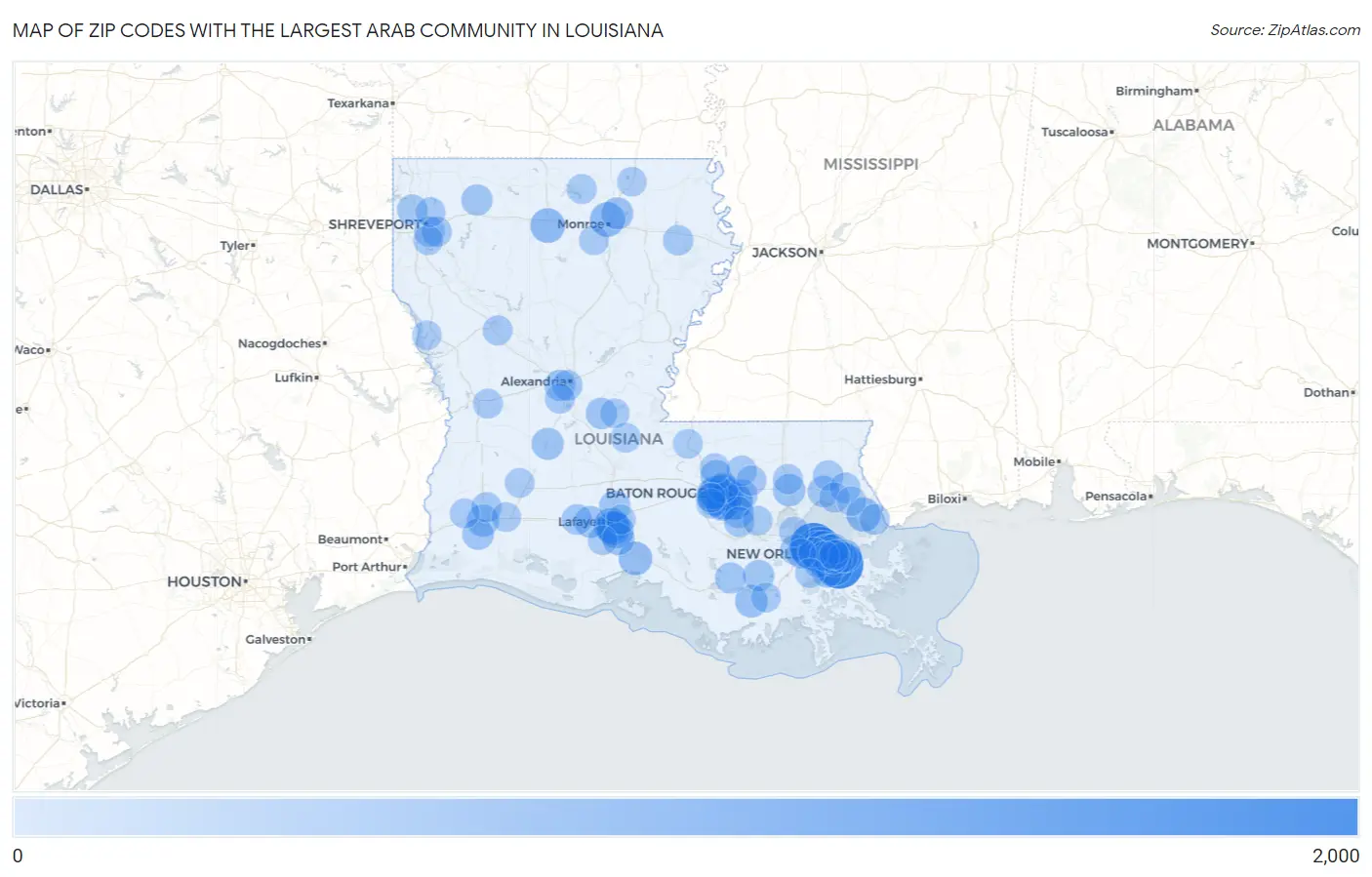 Zip Codes with the Largest Arab Community in Louisiana Map