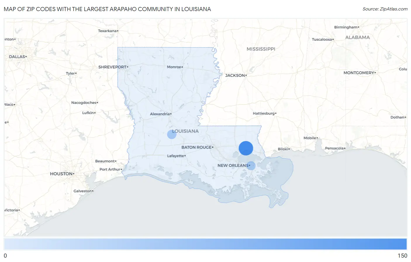 Zip Codes with the Largest Arapaho Community in Louisiana Map