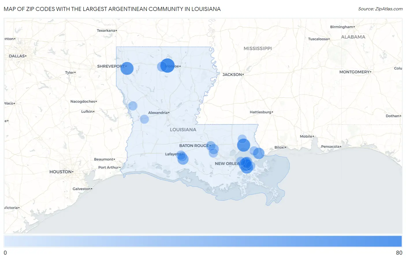 Zip Codes with the Largest Argentinean Community in Louisiana Map