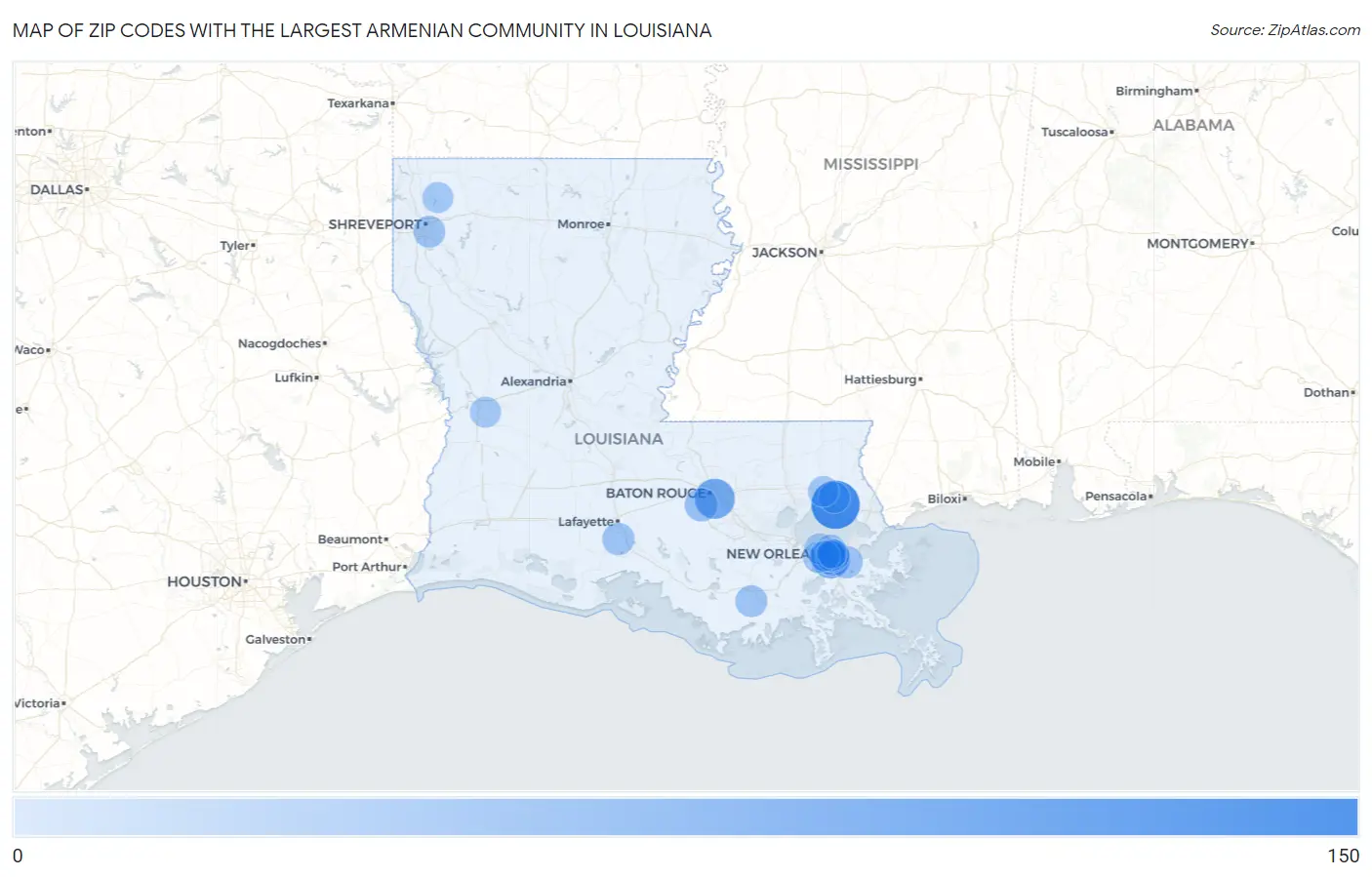 Zip Codes with the Largest Armenian Community in Louisiana Map