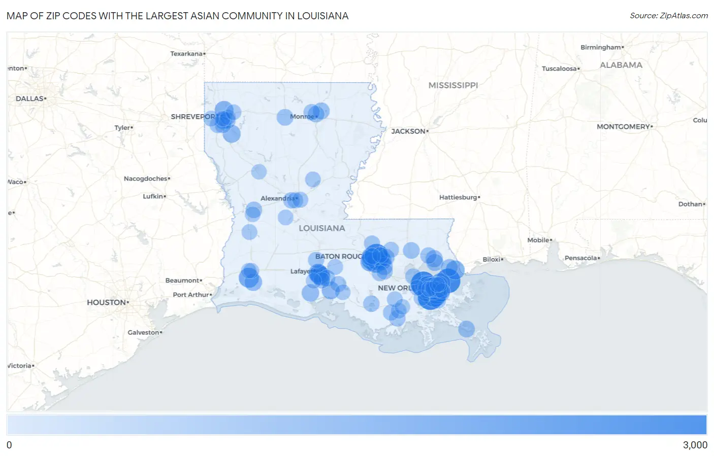 Zip Codes with the Largest Asian Community in Louisiana Map