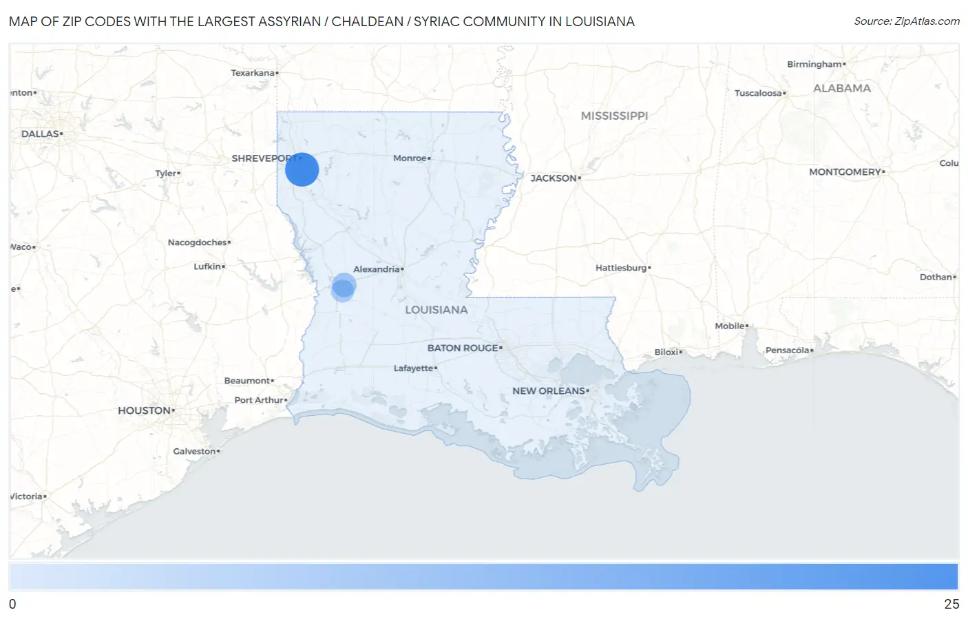Zip Codes with the Largest Assyrian / Chaldean / Syriac Community in Louisiana Map