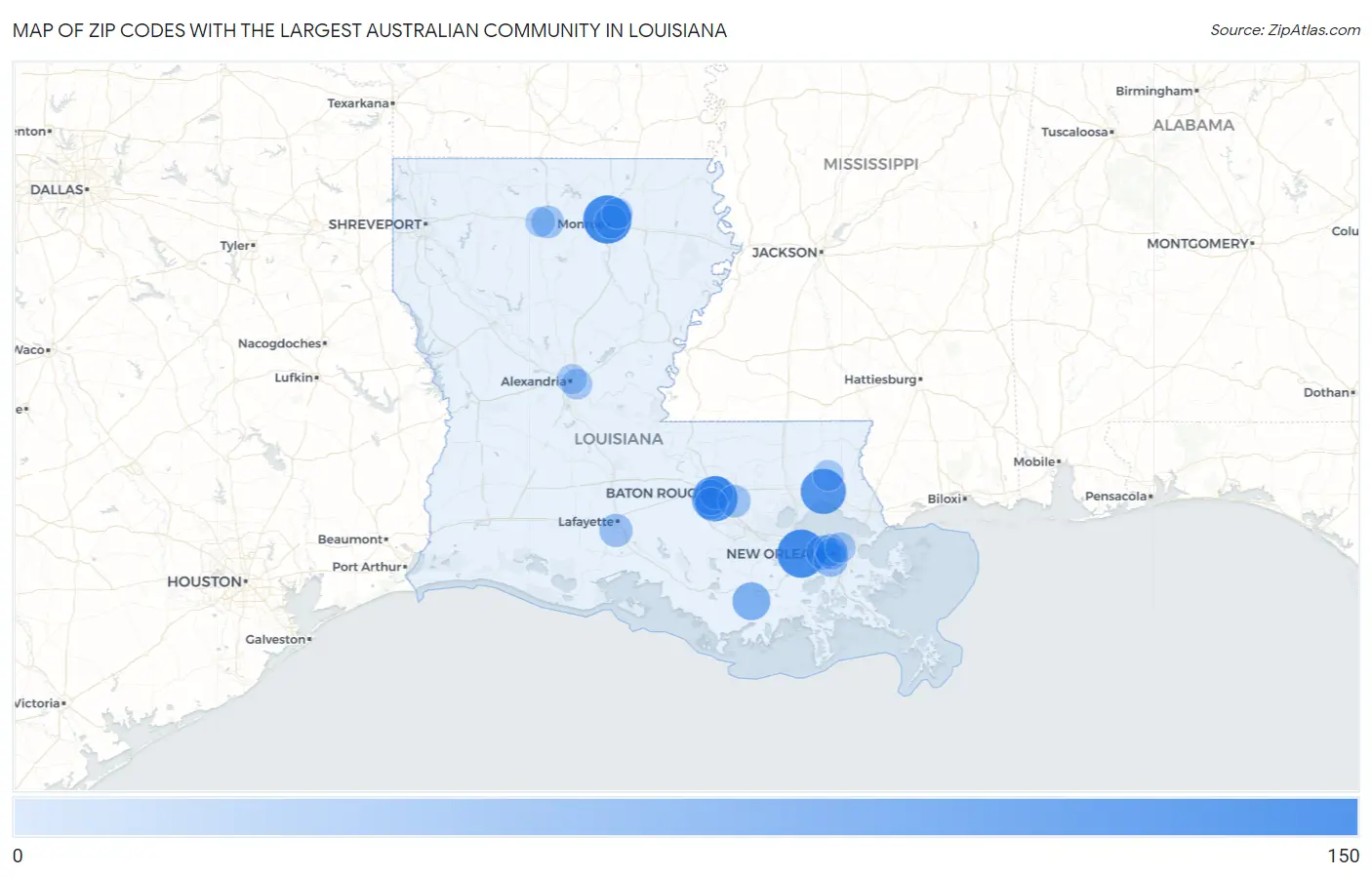 Zip Codes with the Largest Australian Community in Louisiana Map