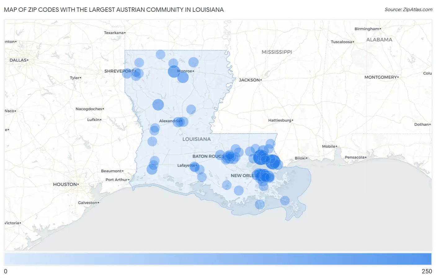 Zip Codes with the Largest Austrian Community in Louisiana Map