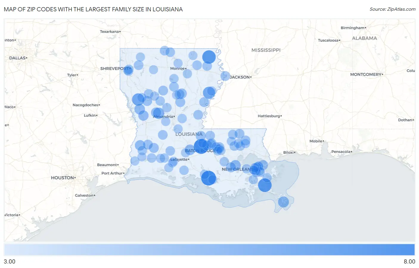 Zip Codes with the Largest Family Size in Louisiana Map