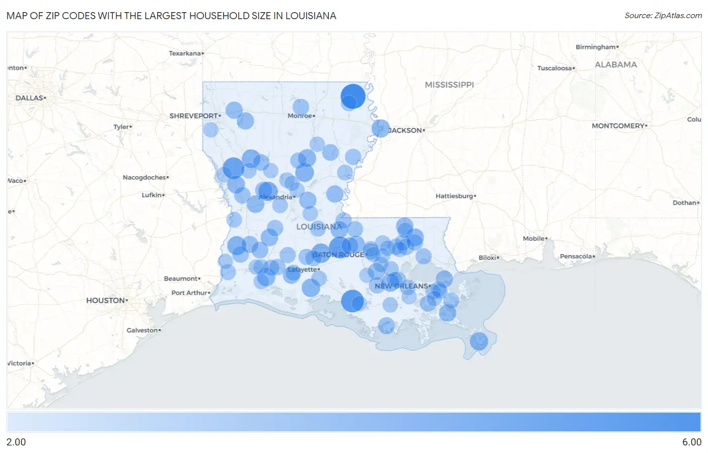Zip Codes with the Largest Household Size in Louisiana Map