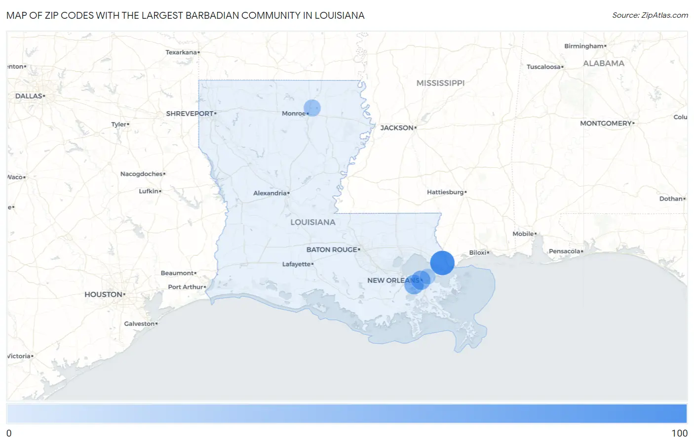 Zip Codes with the Largest Barbadian Community in Louisiana Map