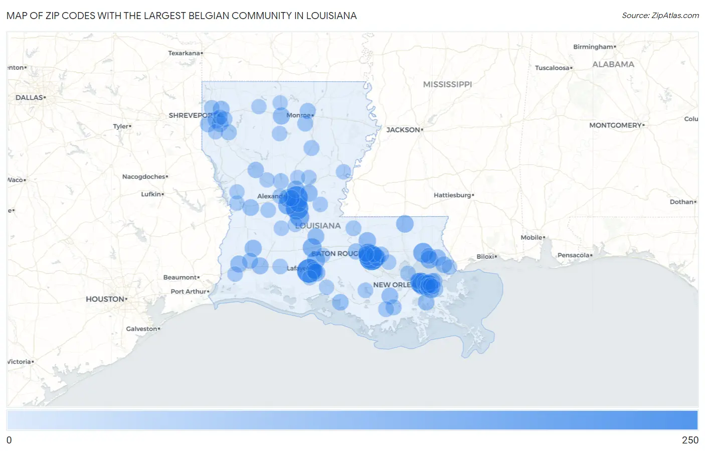 Zip Codes with the Largest Belgian Community in Louisiana Map