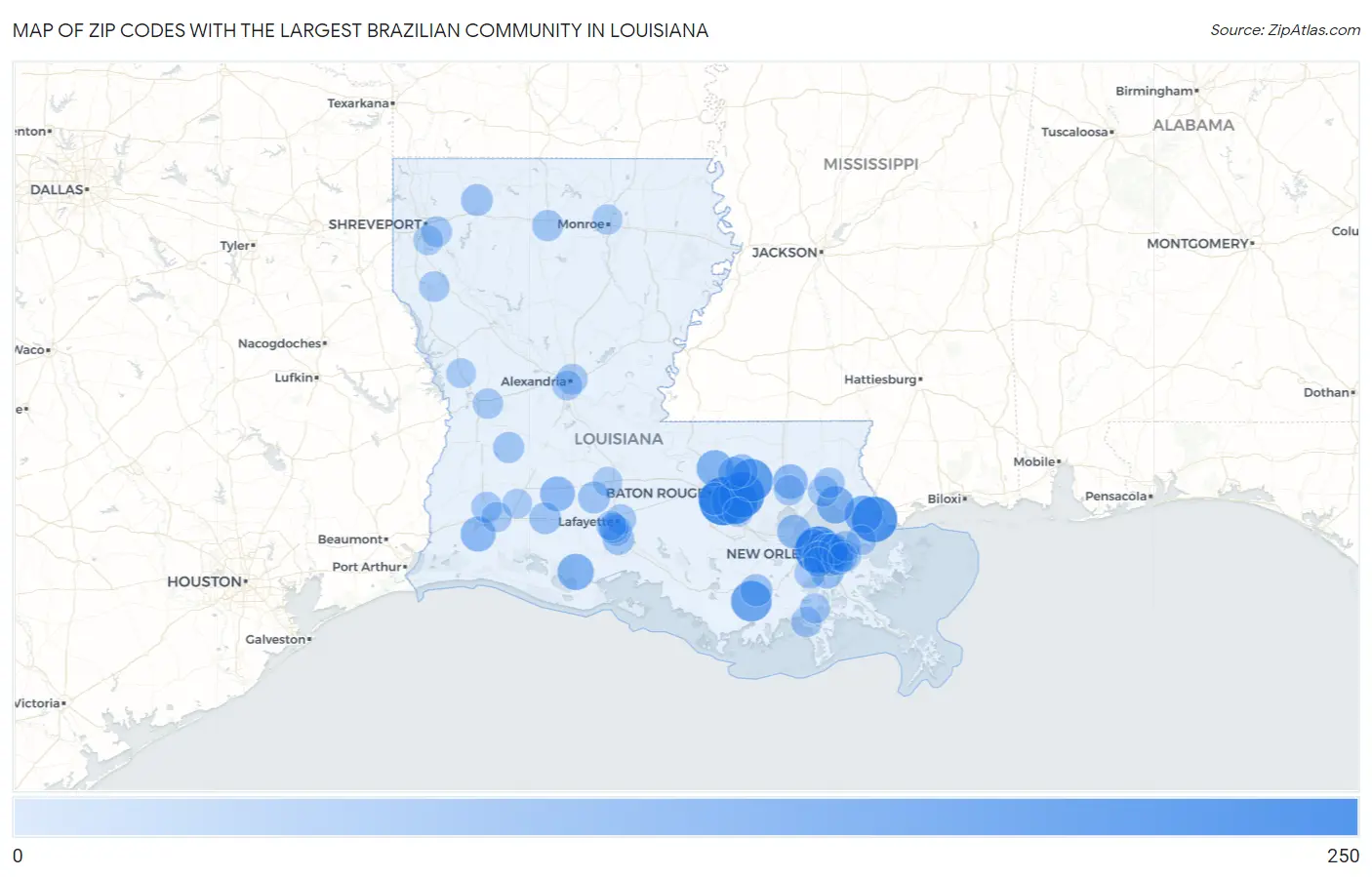 Zip Codes with the Largest Brazilian Community in Louisiana Map