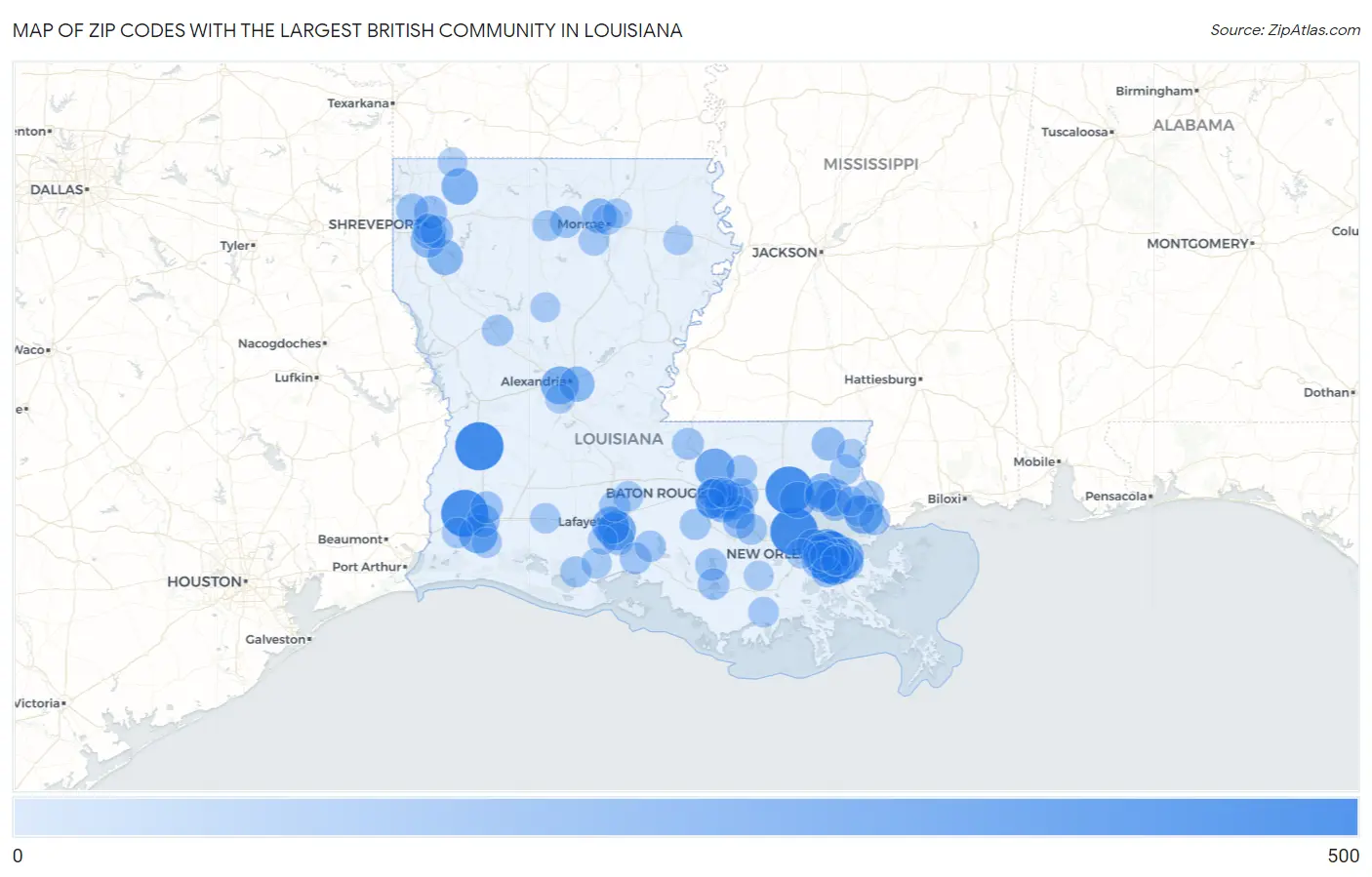 Zip Codes with the Largest British Community in Louisiana Map