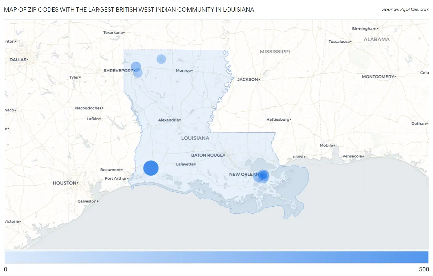 Zip Codes with the Largest British West Indian Community in Louisiana Map