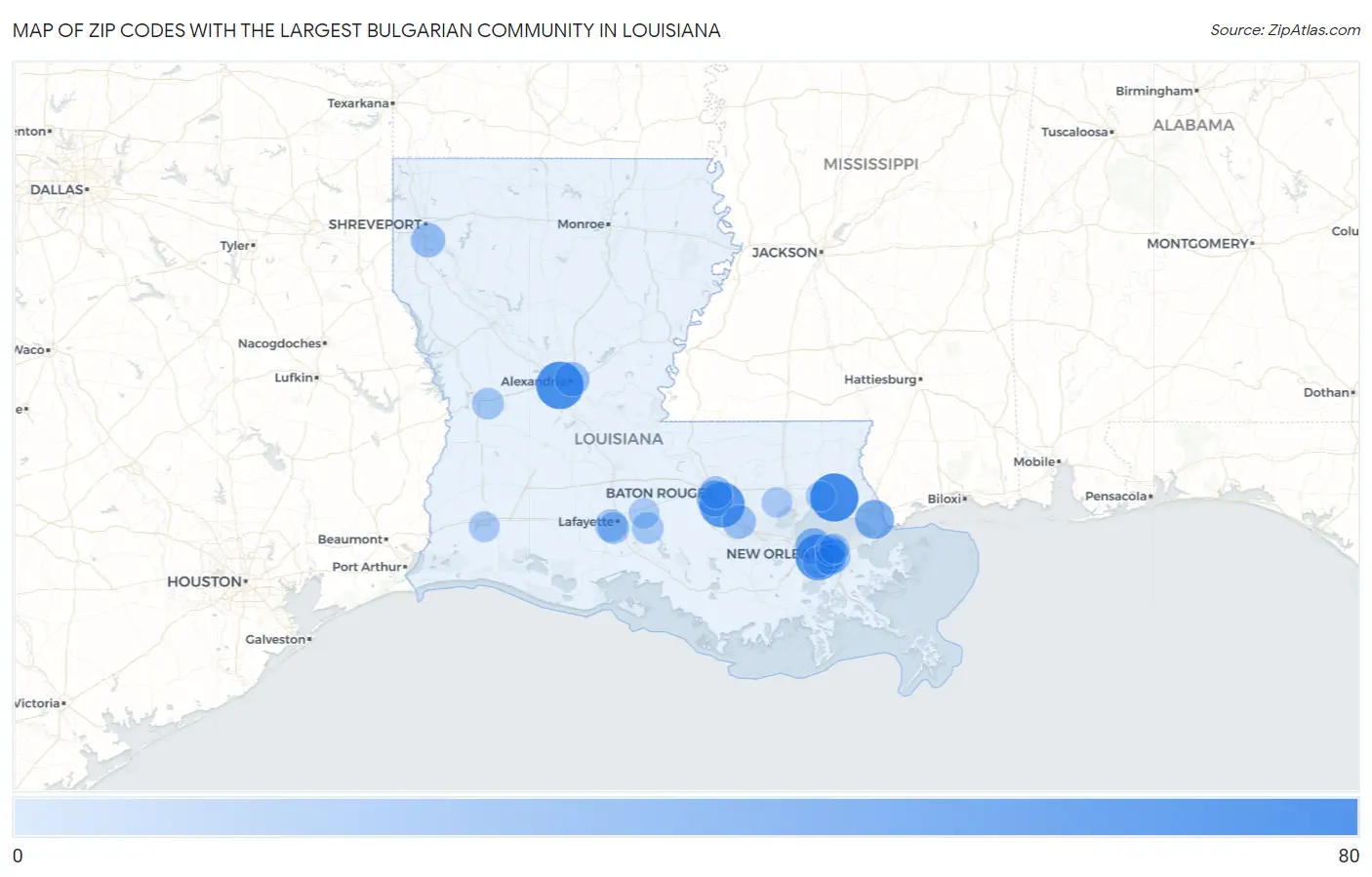 Zip Codes with the Largest Bulgarian Community in Louisiana Map