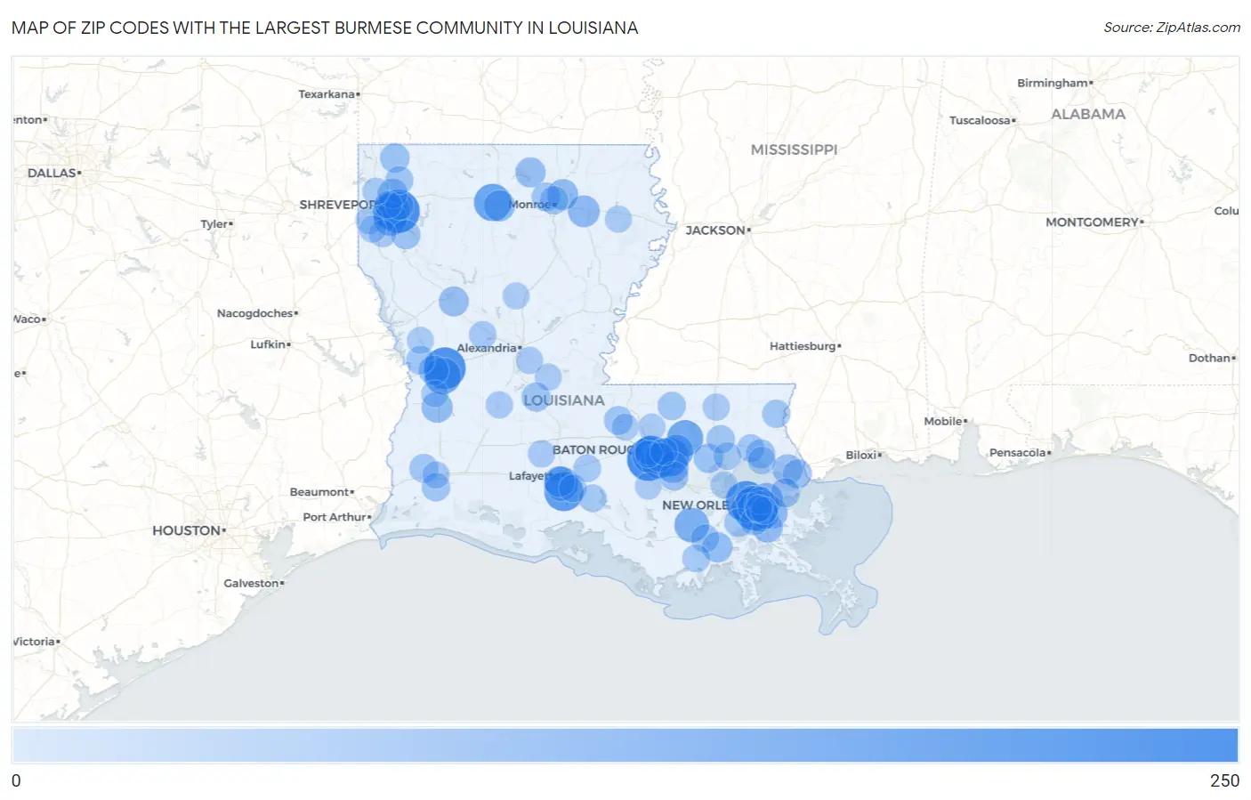 Zip Codes with the Largest Burmese Community in Louisiana Map